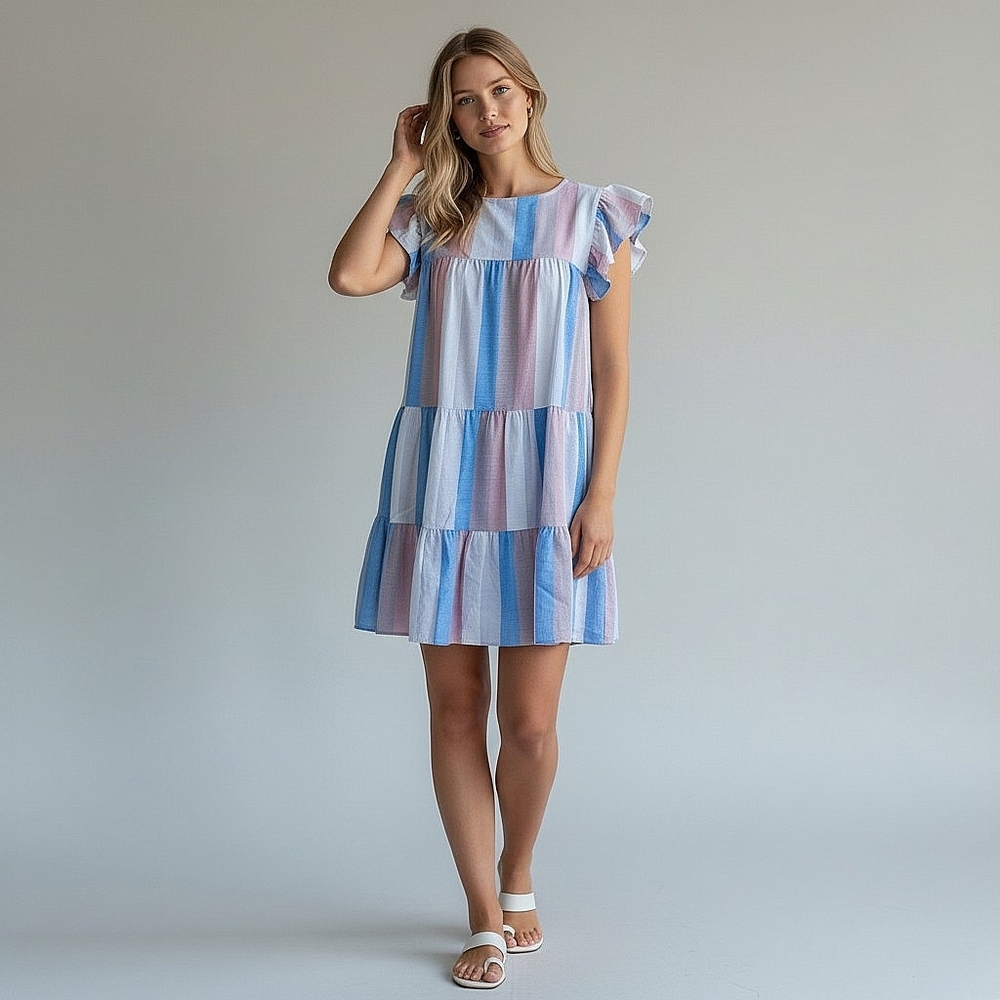 NEW! Love Tree Striped Tiered Flutter Sleeve Dress - Blue & Pink